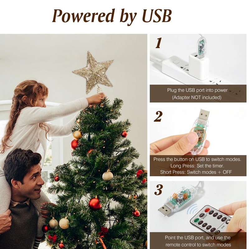 Lewondr Christmas Star Tree Topper, USB Powered Remote Controlled 6H