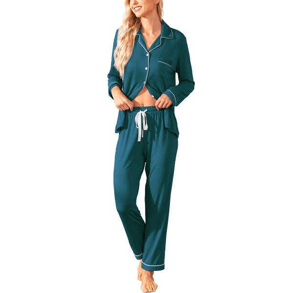 Samring Women's Soft Pajamas Set, Button Up Long Sleeve PJ
