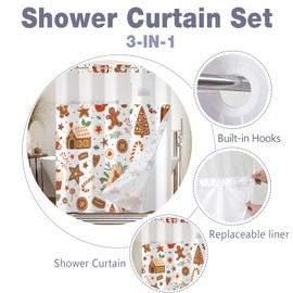 No Hook Christmas Shower Curtain with Snap in Fabric Liner Set,Christmas Baking Gingerbread Houses Tree Cookies Candy Cane Sweet Winter Bathroom Decor Fabric Waterproof Shower Curtain,71W x 74L