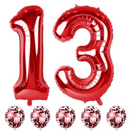 Red 13 Birthday Balloons Numbers, 40 Inch Large Foil Number 1 & 3 Balloons with Red Confetti Helium Balloons, 13th 31st Birthday Balloons for Girls Boys Women Anniversary Baby Shower Party Decorations