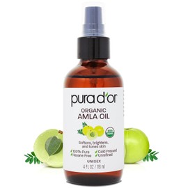 PURA D'OR Aceite Amla orgánico de 4 onzas, 100% puro certificado por USDA de grado premium, prensado en frío, sin refinar, virgen extra, suero para el cabello y producto para el cabello engrosante con bomba para mujeres y hombres, cuidado ayurvédico de la piel