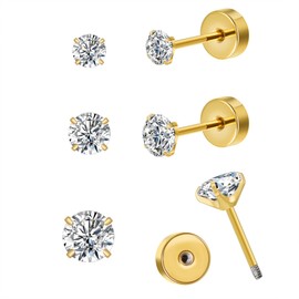 CANDYFANCY 3 Pairs 20G Titanium Stud Earrings for Women Men 3/4/5mm Cubic Zircon Flat Back Stud Earrings Set Multi-Pack Sleeper Earrings for Hypoallergenic Cartilage Helix Lobe Piercing Gold