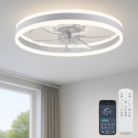 Fszdorj Ceiling Fan with Light, Upgraded 20‘’ Low Profile Fan, Flush Mount Ceiling Fan, 6 Speeds, Dimmable LED, App & Remote Control, Quiet DC Motor, for Bedroom, Living Room, F105 White