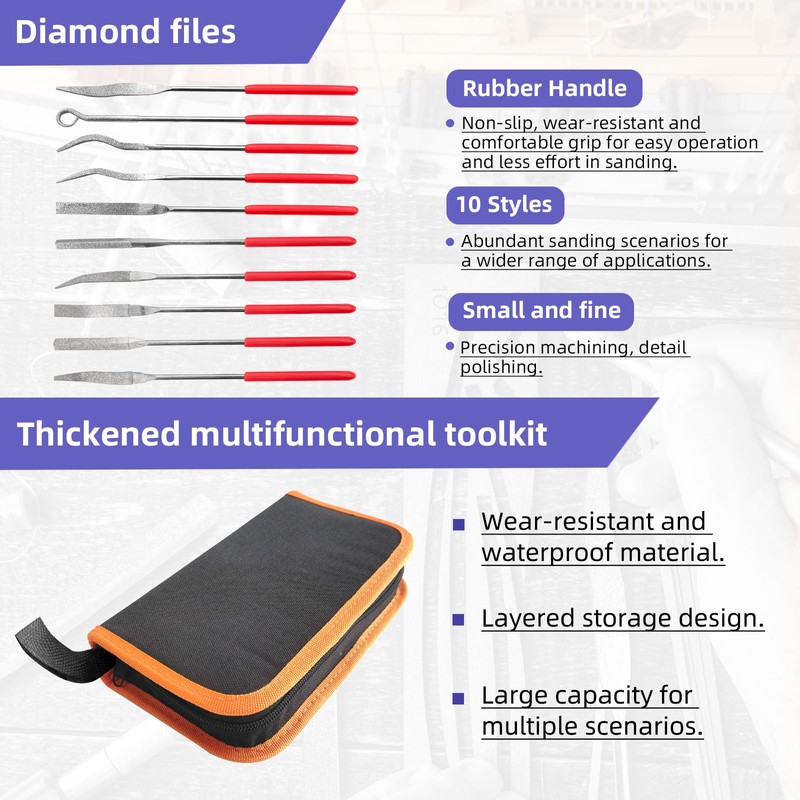 GLSJA Mini Diamond File Assorted Set | 10-Piece 3x140mm Needle