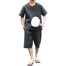 Jiggys Shop Jinbei Men's Top and Bottom Set, Jinbei, 100% Cotton, Kimono, Shijira Weave, Father's Day, Nightwear, Loungewear, Summer Clothing, Festivals, Fireworks, B Ashstripe Shijira (Henley Neck)