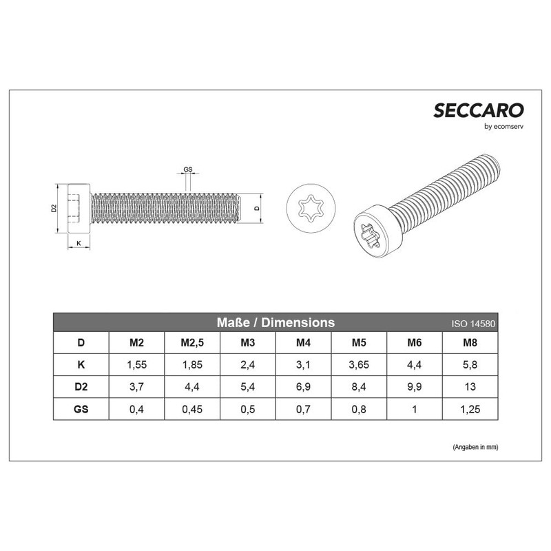 SECCARO 20 x Low Head Cap Screws M8 x 30mm