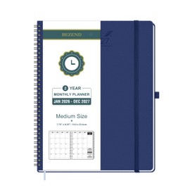 BEZEND Monthly Planner 2026-2027 (Spiral-7" x 9") 2 Year Calendar Book with Note Pages - Jan 26 to Dec 27-120 GSM Paper, Inner Pockets, Laminated Tabs, Vegan Leather Softcover - Blueberry