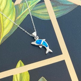 Luck Trader Sterling Silver Blue Opal Dolphin Pendant Necklace, 925 Stamped