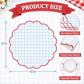 Plaid Scalloped Paper Placemats 60 Sheets Disposable Place Mats Blue Red Checker Gingham Wavy Round Table Mats for Party Supplies Table Decor, 13 x 13 Inch