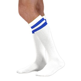 NEON NATION Unisex Calf Knee High Team Tube White Socks with Various Colored Stripes (White w/Pink Stripes) (White w/Royal Blue Stripes)