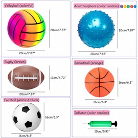 POTWPOT Sports Ball Toys, 5pcs Inflatable Sport Balls Set with Pump, Includes Football, Basketball, Volleyball, Rugby, Acanthosphere, Outdoor Games for Kids Beach Balls Toys