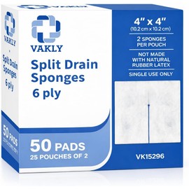 Vakly Split Drain Sponge Gauze 4x4 Sterile 6-Ply – 50 Count (25 Packs of 2) Pre-Cut Slit Absorbent Non-Woven Pads for I.V. Lines, Tracheostomy & Wound Care