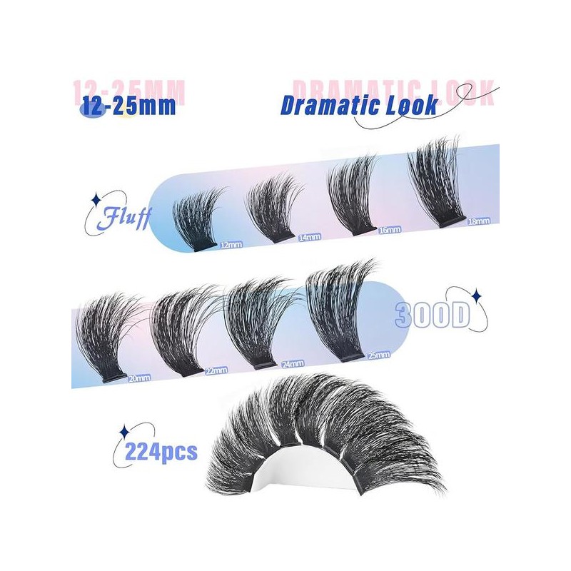 Yai 속눈썹 클러스터 300D 두꺼운 12-25mm 볼륨 연장 224Pcs 위스피