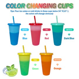 letech+ Reusable Colour Changing Cups with Lids and Straws Plastic Tumblers Cold Water for Adults to Drink ice Coffee Smoothie Beverages at Parties- 24oz 5 Pcs