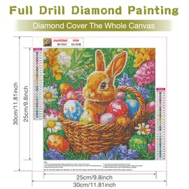 RICUVED Rabbit Diamond Painting Kits for Adults, Easter 5D Diamond Painting Egg Diamond Art Kits for Beginner, Full Round Drill Flowers Diamond Art Paint Gem Art Crafts Kits for Home Decor 12x12inch
