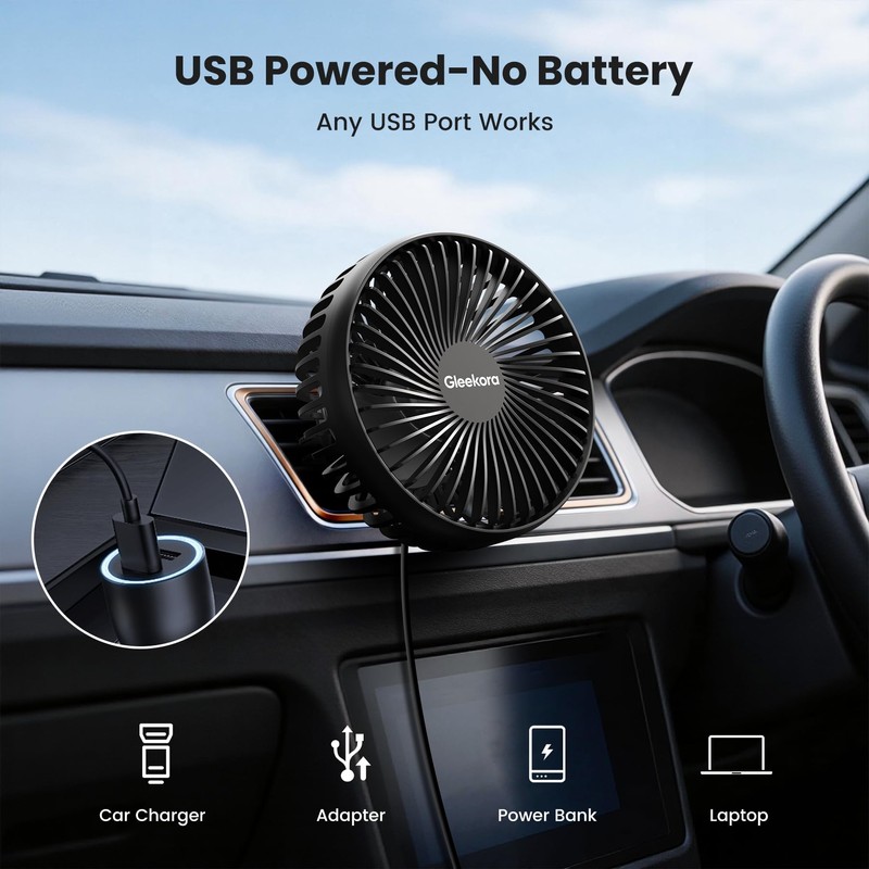 5'' USB Car Vent Fan, 3-Speed with Memory Function, 8.2ft
