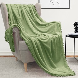 PAVILIA Sage Green Throw Blanket Pom Pom Couch, Twin Size, Soft Fleece Cozy Pompom Fringe Sofa Blanket, Decorative Home Gift Flannel Velvet Bed Throw, Light Green, 60x80