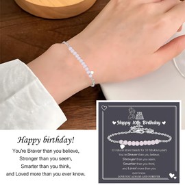Pink Stone Bead Bracelet 10th Birthday Gifts for Girls Adjustable Heart Charm Bracelet Birthday Gift for Sister Daughter Niece Friend (10th)