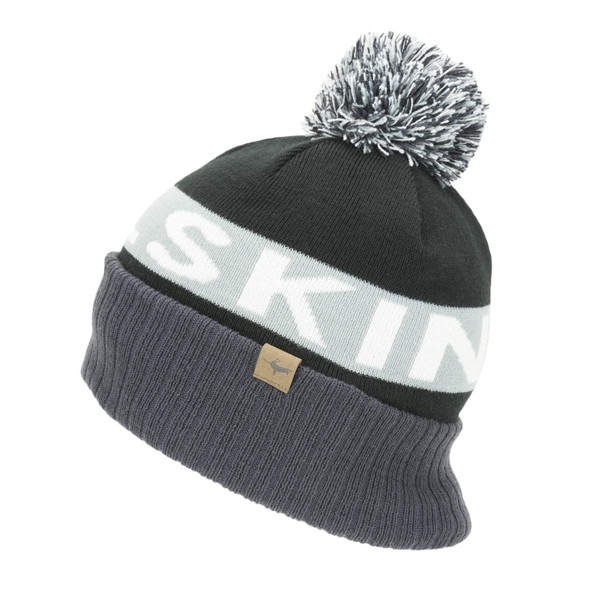 SEALSKINZ Standard Water Repellent Cold Weather Bobble Hat, Black/Grey/White, One Size