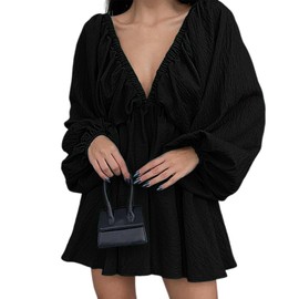 TOYER LOVER Women's Deep V-Neck Long Puff Sleeve Mini Dress - Sexy Backless Bodycon Dress Soft Flared Hem Dress for Summer Fall Spring(Black,Medium)