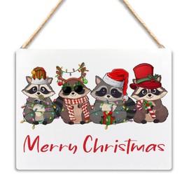Christmas Hanging Signs, Christmas Raccoon Wooden Plaque Signs Wall Hanging, Christmas Wall Sign, Merry Christmas Hanging Sign for Front Door Porch Decorations, Raccoon Decor, 8x10 Inch
