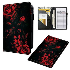 Server Books for Waitress, Leather Waiter Book Server Wallet with Zipper Pocket, 7 Storage Pockets for Recipes and Checks, Pen Holder, Personal Organizer Wallet Fit Apron, Red Rose Art