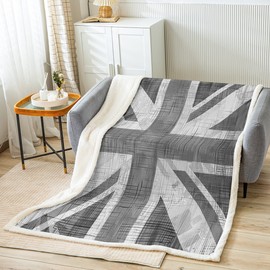 United Kingdom Flag Sherpa Blanket Union Jack Plush Blanket Grey UK Flag Fleece Throw Blanket for Kids Adults Geometric Fuzzy Blanket for Sofa Bed Couch, Soft Room Decor Throw 50x60 Inch