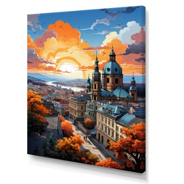 DesignQ Prague Oversized Wall art decor, Prague Wall Art, Yellow Blue City Prague Popart I, Yellow Industrial Canvas wall art, 12x20 inches