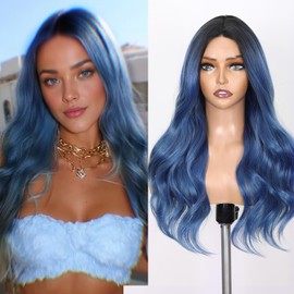Lady Miranda Ombre Blue Wigs Long Curly Wavy Synthetic Fiber Dark Root Side Part Wig Colored Wigs for Women Cosplay Wig Daily Party Use(1-Black Ombre blue 22)