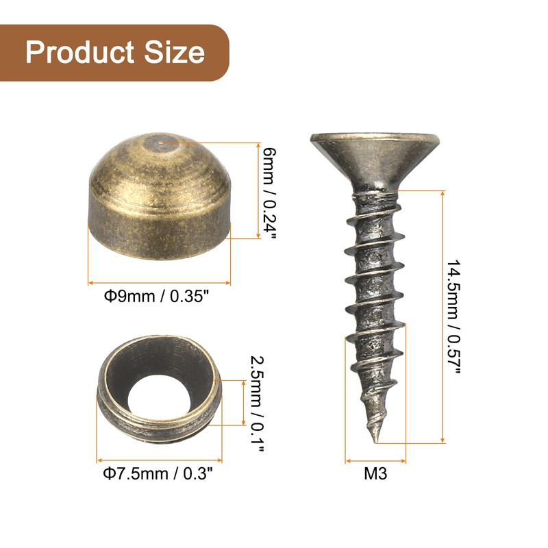 uxcell 12Pcs Brass Decorative Screws with Caps, 9mm Mirror Screws