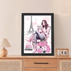 Fashion Women Wall Art Pink Glam Girls Bathroom Bedroom Decor Canvas Pictures Modern Makeup Artwork Perfume Handbag High Heel Lips Paintings Artwork Decoration Gifts for Women Framed 8"X10"