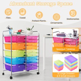 COSTWAY 15 Drawer Rolling Storage Cart, Multipurpose Mobile Storage Organizer w/Removable Drawers & Metal Frame, Utility Tools Paper Organizer on Wheels for Home, Office (Rainbow)
