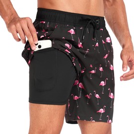 SONGDAI Summer Mens Swimming Trunks Fashionable Vacation Beach Board Shorts Four Corner Swim Short Inner Lining Pocket Swimwear Short-Flamingo-3XL
