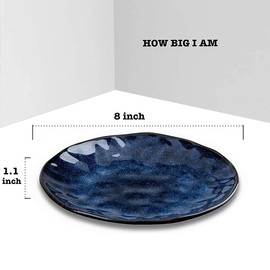 vicrays Ceramic Dessert Salad Plates, 8 Inch, Set of 4, Round, Microwave, Oven, and Dishwasher Safe, Scratch Resistant, Porcelain Fluted Suitable for Snacks, Appetizer, Home, Restaurant (Blue)