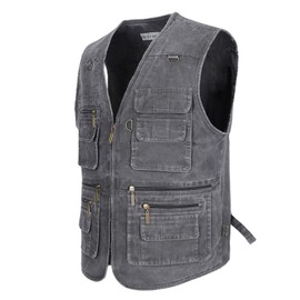 OU YA WOLF Men's Fishing Vest Stone Washed Denim Multi Pockets Outdoor Casual Work Utility Travel Photo Hunting Cargo Vests