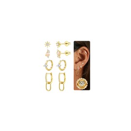 JeweBella 4 Pairs of Earrings Silver 925 Women's Stud Earrings Hoop Earrings Gold Set 18K Gold-Plated Earrings Stackable Helix Piercings Earrings Hanging Hypoallergenic Cartilage Earrings Set