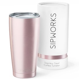 Sipworks Stainless Steel Coffee Tumblers with Lids - 20z Double Walled Vacuum Insulated for Hot & Cold Drinks - Spill Resistant Travel Tumbler - Rose Gold