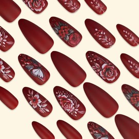 KTAABTR 24Pcs Flowers Press on Nails Long Almond Nails Red Rose Fake Nails with Glue Red Butterfly Acrylic Nails Design Full Cover Flowers Butterfly False Nails for Women