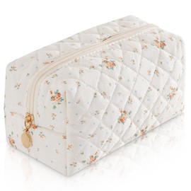 UUYUUY Makeup Bag Travel Toiletry Bag for Women, Small Cosmetic Bags Cute Quilted Cotton Makeup Pouch for Purse Emergency Bag for School Floral Pencil Case Accessory Bag, Orange Floral