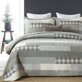 Y-PLWOMEN Quilt King Size - 100% Cotton Grey King Quilt Farmhouse Plaid Quilted Bedspread, 3 Pieces Lightweight Reversible King Size Quilt Bedding Set for All Season