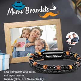 Focxoio Gifts for Dad, To My Daddy Bracelet Gift from Daughter, Tiger Eye Bead Leather Bracelet Gifts for Men, Presents for Dad Birthday Christmas Fathers Day