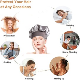 Sleep Cap Satin Cap, Double Layer Sleep Cap Hat Women Girls Adjustable Silk Hood Soft Large Satin Cap Bonnet for Night Sleep Hair Care Spa Main Use, Silver