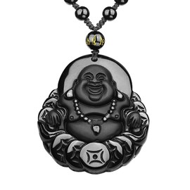 VIKCAUX Buddha Necklace Obsidian Lucky Buddah Pendant with Adjustable Bead Chain Black Crystal Laughing Buddha Necklace Jewelry for Men Women