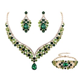 Ever Faith Crystal Elegant Wedding Prom Party Jewelry Rhinestone Teardrop V-Shaped Necklace Earrings Bracelet Set for Woman Green Gold-Tone