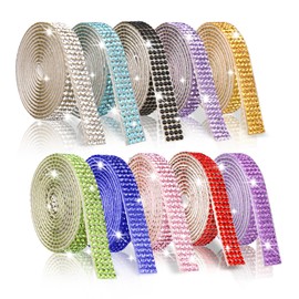 Self Adhesive Rhinestone Ribbon - 10 Rolls 10 Yard Rhinestone Strip - Glitter Bling Crystal Diamond Ribbon for DIY Decor, Shoes, Wedding, Party, Crafts - 4 Rhinestones/Row, Multicolor