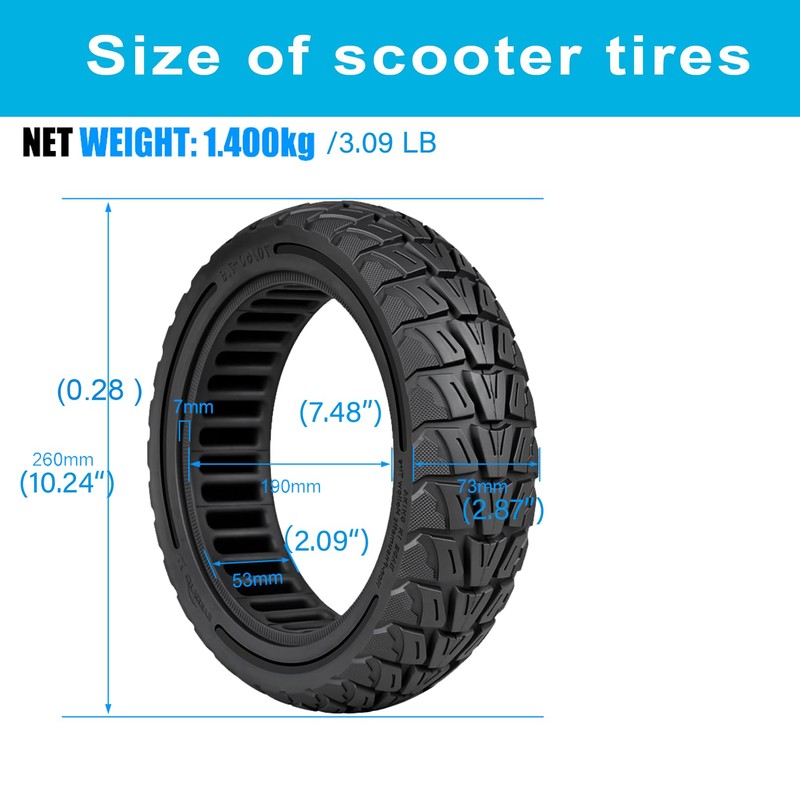 70/60-7.5 Off-Road Solid Scooter Tires : 11 Inch Tubeless Replacement