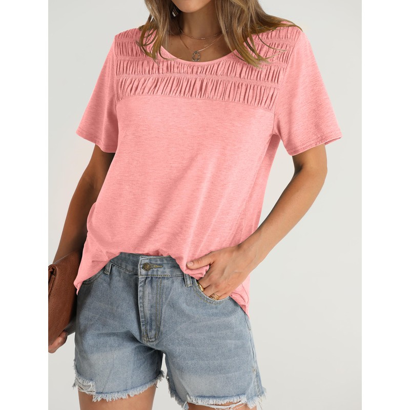 OFEEFAN Spring Tops Womens 2025 Casual Pleated Crewneck T-Shirt Fashion