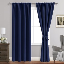 JIUZHEN Blackout Curtains for Bedroom - Thermal Insulated Room Darkening Rod Pocket Curtains for Living Room, Set of 2 Panels with Tiebacks, 42 x 96 Inch Length, Navy Blue