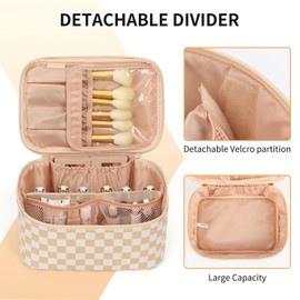 Travel Makeup Bag, Portable Cosmetic Bag with Makeup Brushes Organiser Large Capacity Toiletry Bags Holiday Essentials for Women, Khaki