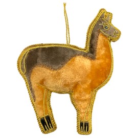 Brown Llama Christmas Ornament, Zari Zardozi Embroidery, Handmade in India